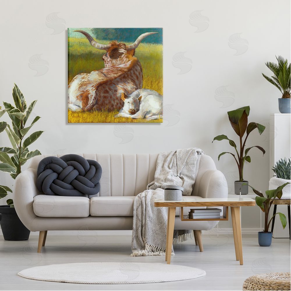 Rita Kirkman Longhorn Cattle Calf Resting Canvas Wall Art in Room