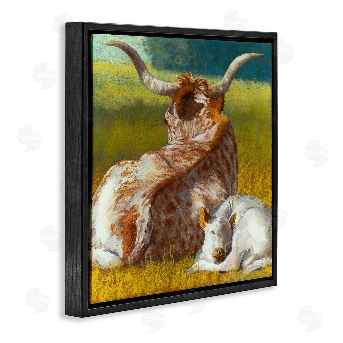 Rita Kirkman Longhorn Cattle Calf Resting Black Floating Frame Canvas Wall Art Print