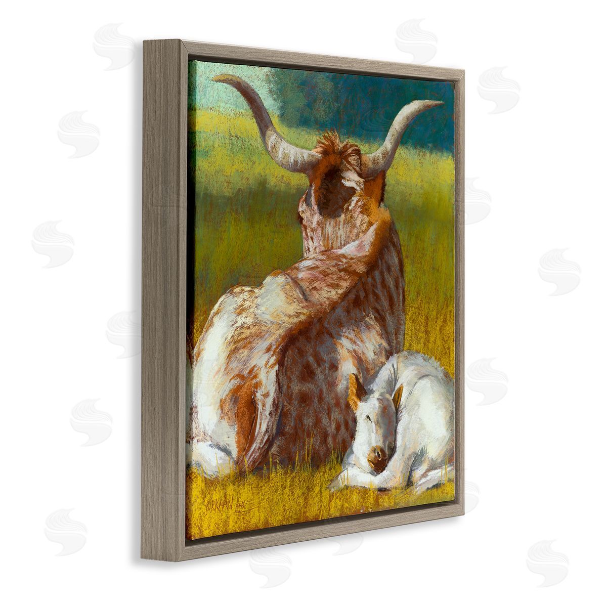 Rita Kirkman Longhorn Cattle Calf Resting Brown Floating Frame Canvas Wall Art Print