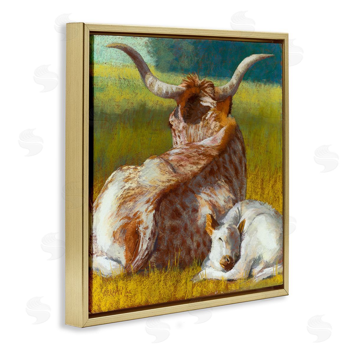Rita Kirkman Longhorn Cattle Calf Resting Gold Floating Frame Canvas Wall Art Print