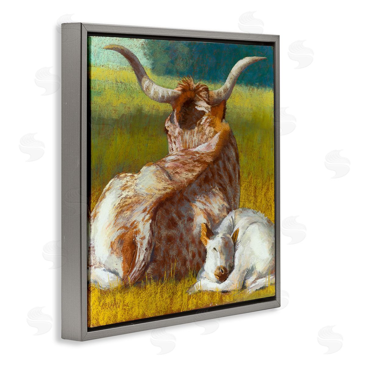 Rita Kirkman Longhorn Cattle Calf Resting Gray Floating Frame Canvas Wall Art Print