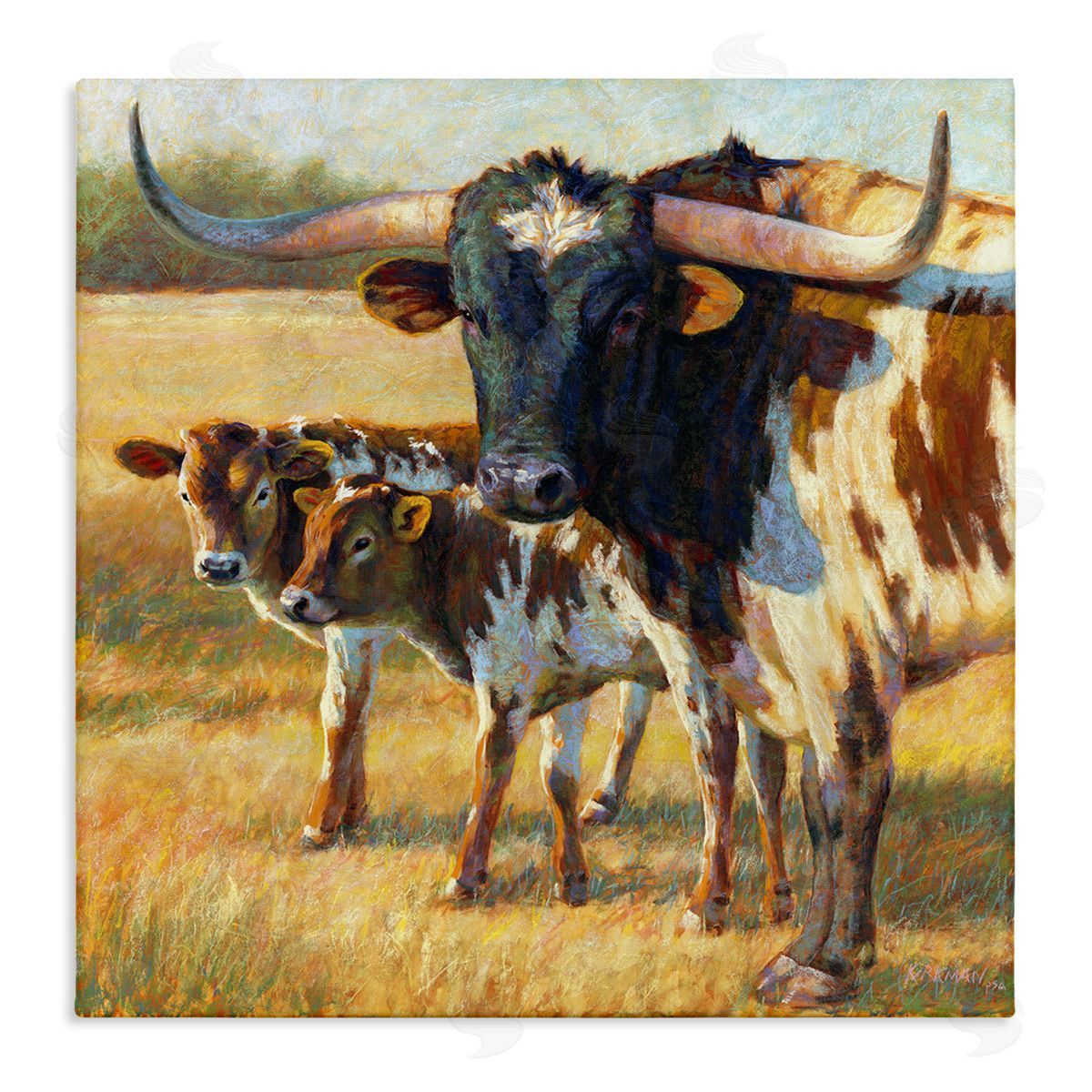 Rita Kirkman Longhorn Cattle Family Grassland Stretched Canvas Wall Art Print