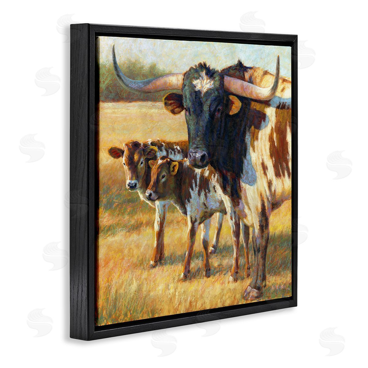 Rita Kirkman Longhorn Cattle Family Grassland Black Floating Frame Canvas Wall Art Print