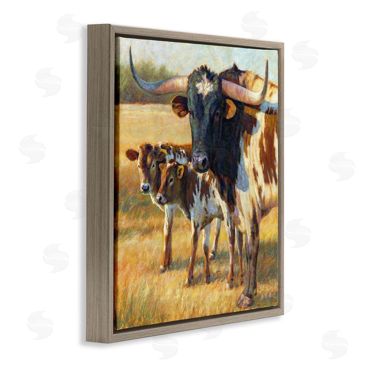 Rita Kirkman Longhorn Cattle Family Grassland Brown Floating Frame Canvas Wall Art Print