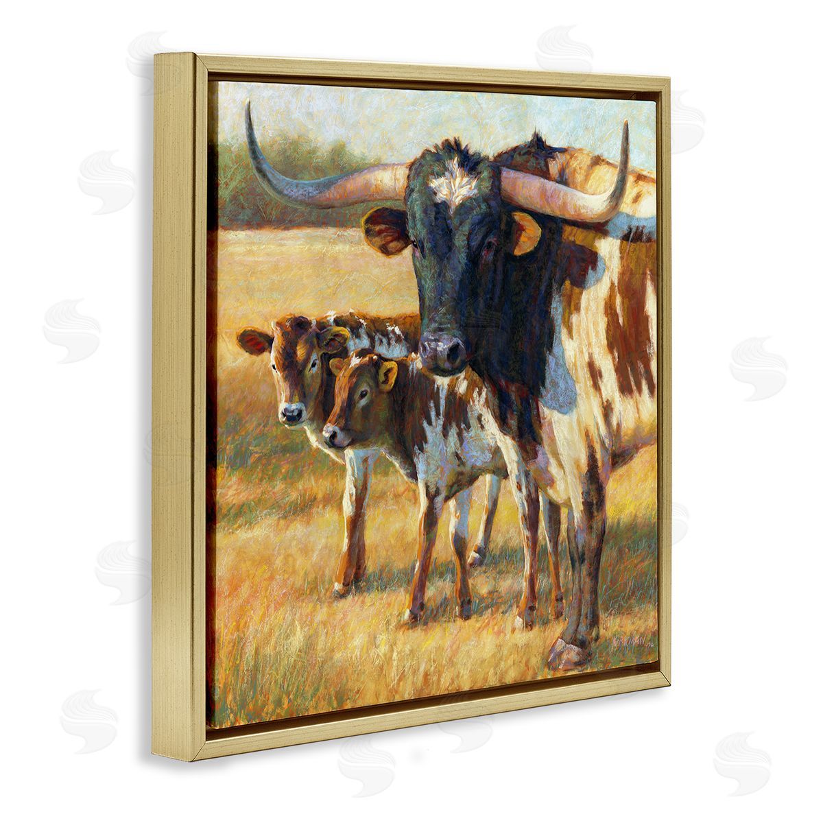 Rita Kirkman Longhorn Cattle Family Grassland Gold Floating Frame Canvas Wall Art Print