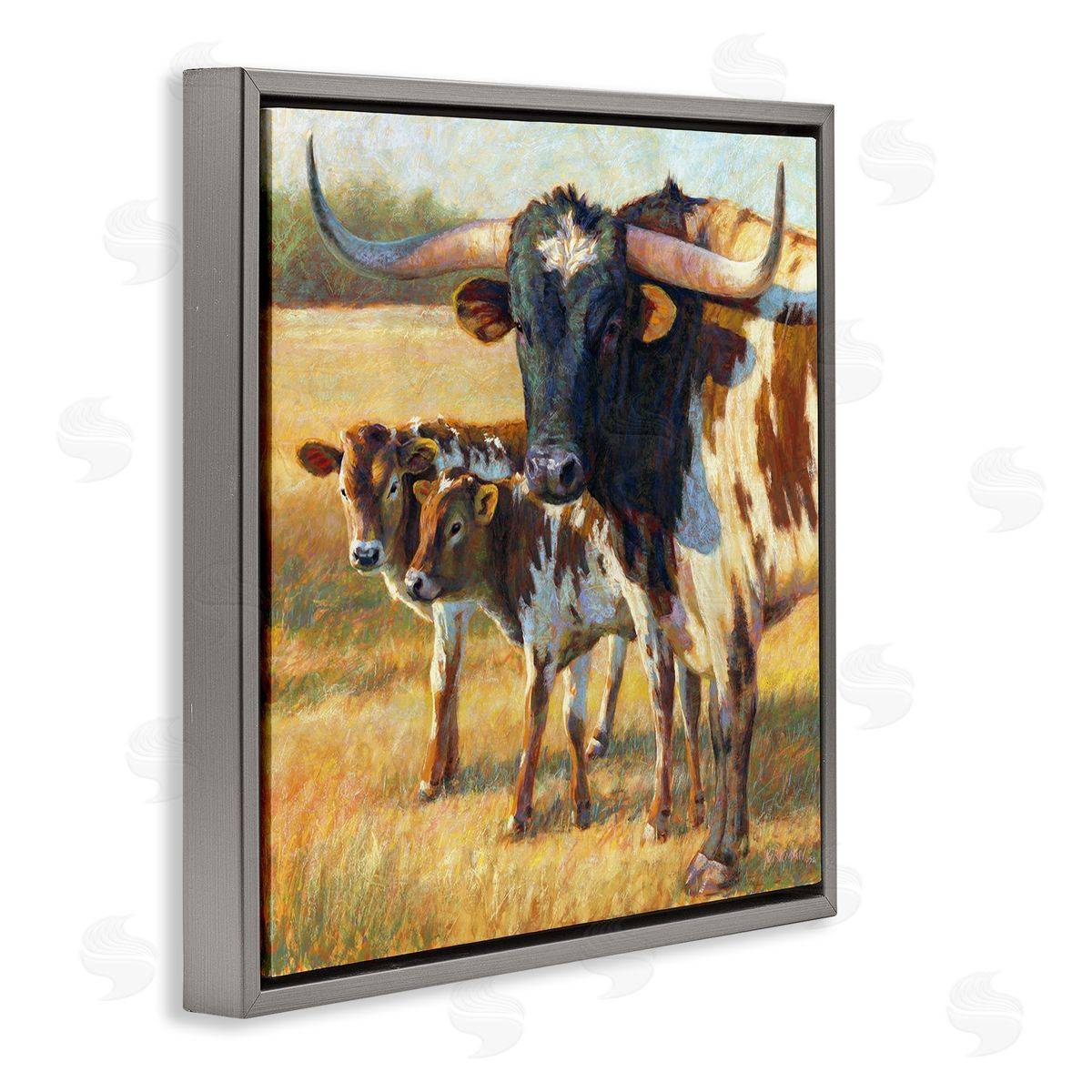 Rita Kirkman Longhorn Cattle Family Grassland Gray Floating Frame Canvas Wall Art Print