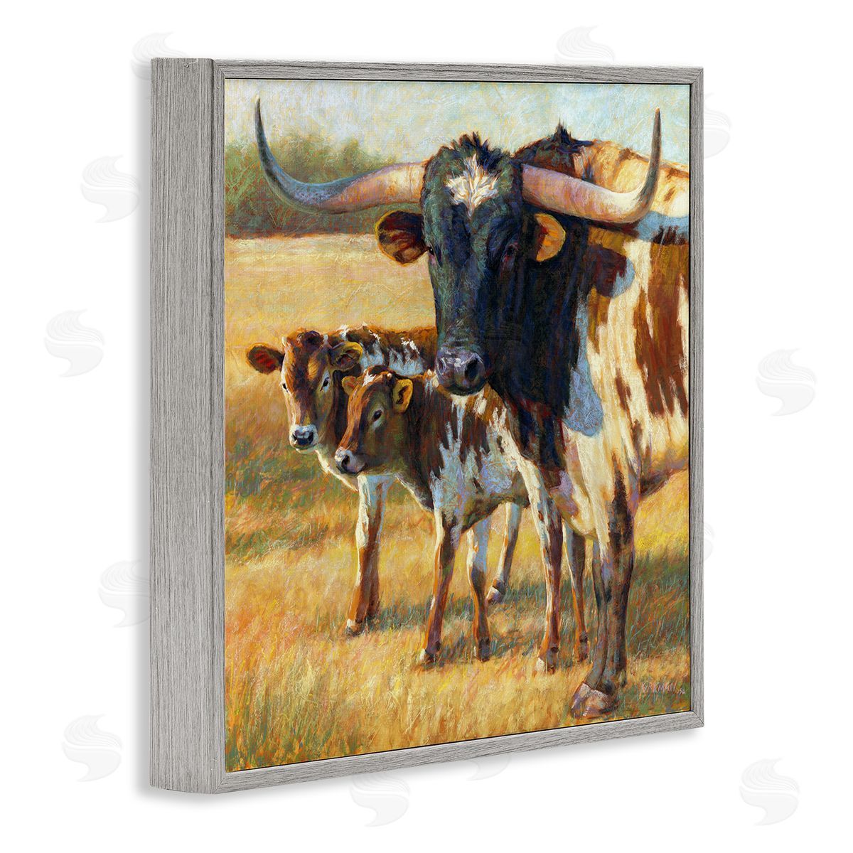 Rita Kirkman Longhorn Cattle Family Grassland Gray Framed Glicee Wall Art Print