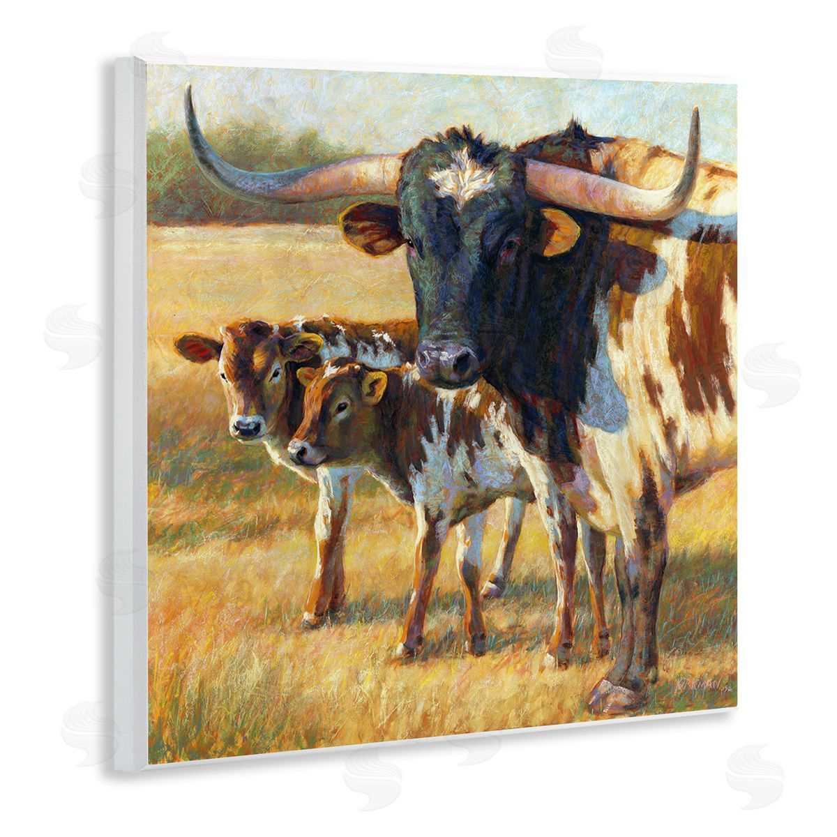 Rita Kirkman Longhorn Cattle Family Grassland Wooden Wall Plaque Art Print
