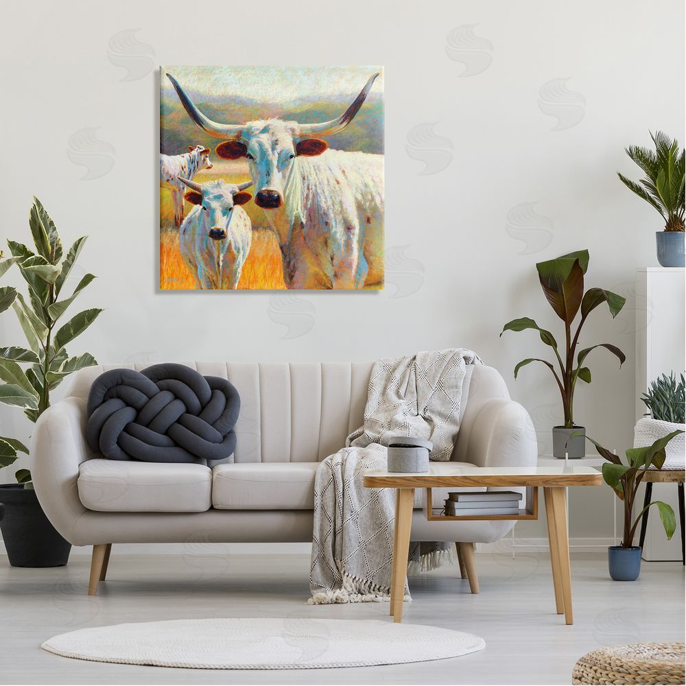 Rita Kirkman White Longhorn Cattle Farmland Canvas Wall Art in Room