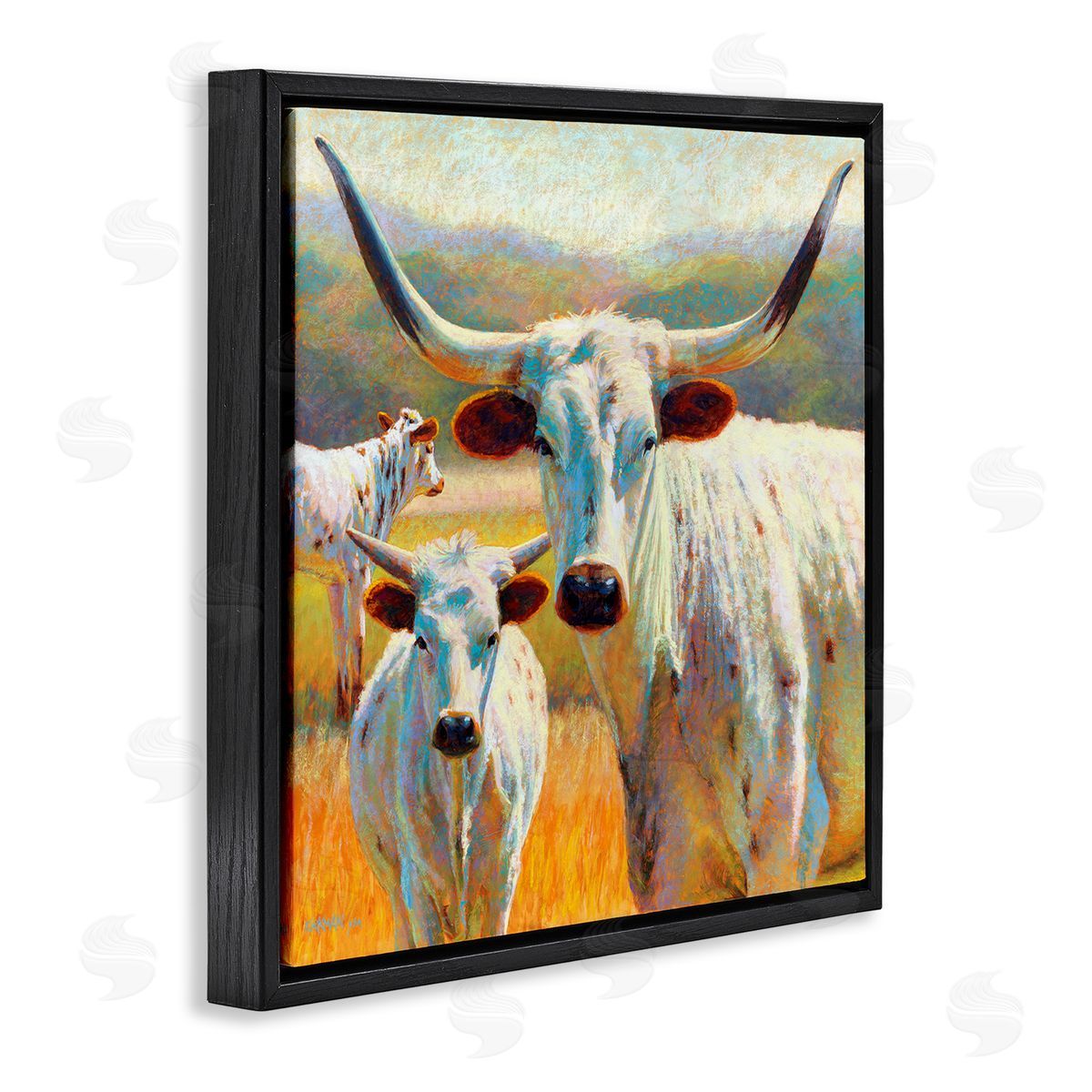 Rita Kirkman White Longhorn Cattle Farmland Black Floating Frame Canvas Wall Art Print