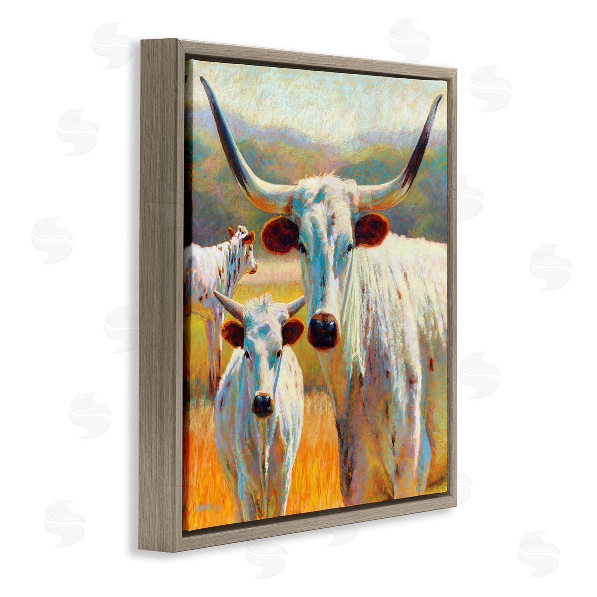 Rita Kirkman White Longhorn Cattle Farmland Brown Floating Frame Canvas Wall Art Print