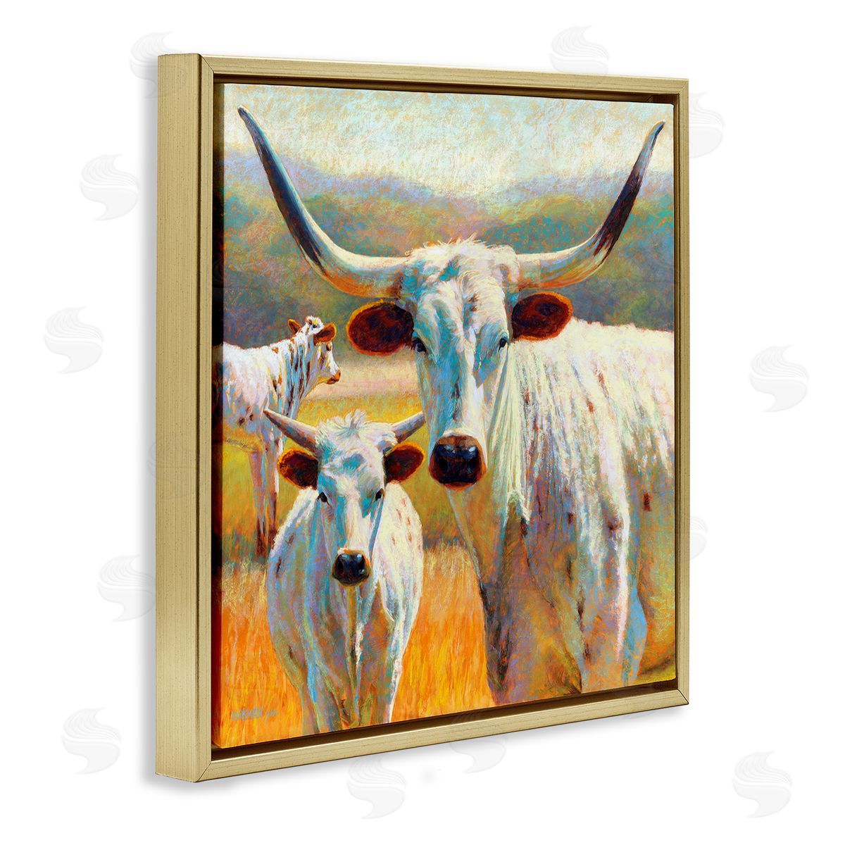 Rita Kirkman White Longhorn Cattle Farmland Gold Floating Frame Canvas Wall Art Print