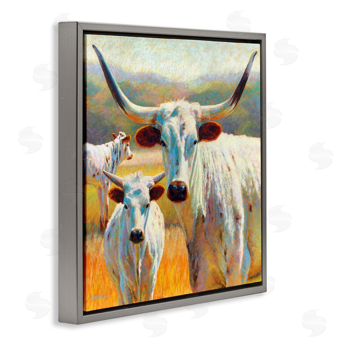 Rita Kirkman White Longhorn Cattle Farmland Gray Floating Frame Canvas Wall Art Print
