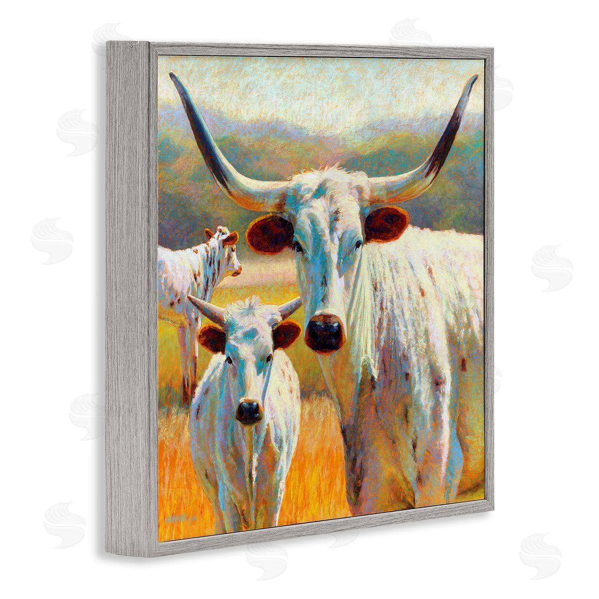 Rita Kirkman White Longhorn Cattle Farmland Gray Framed Glicee Wall Art Print