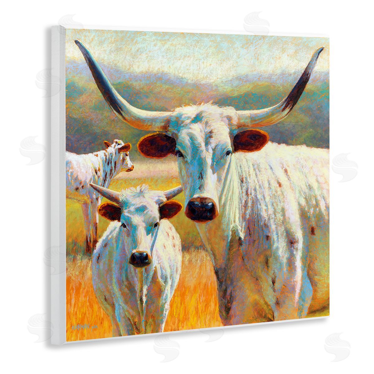 Rita Kirkman White Longhorn Cattle Farmland Wooden Wall Plaque Art Print