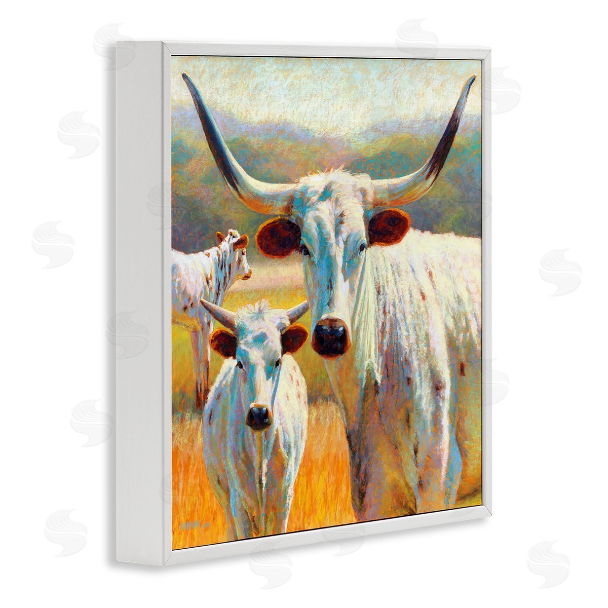 Rita Kirkman White Longhorn Cattle Farmland White Framed Glicee Wall Art Print