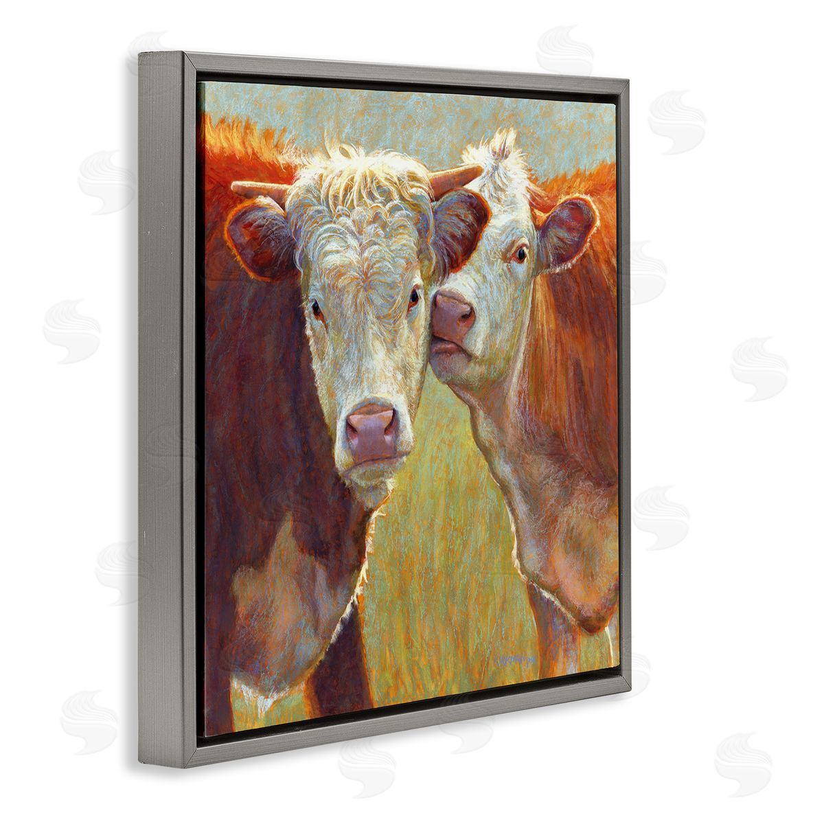 Rita Kirkman Kissing Cows Farm Animals Gray Floating Frame Canvas Wall Art Print