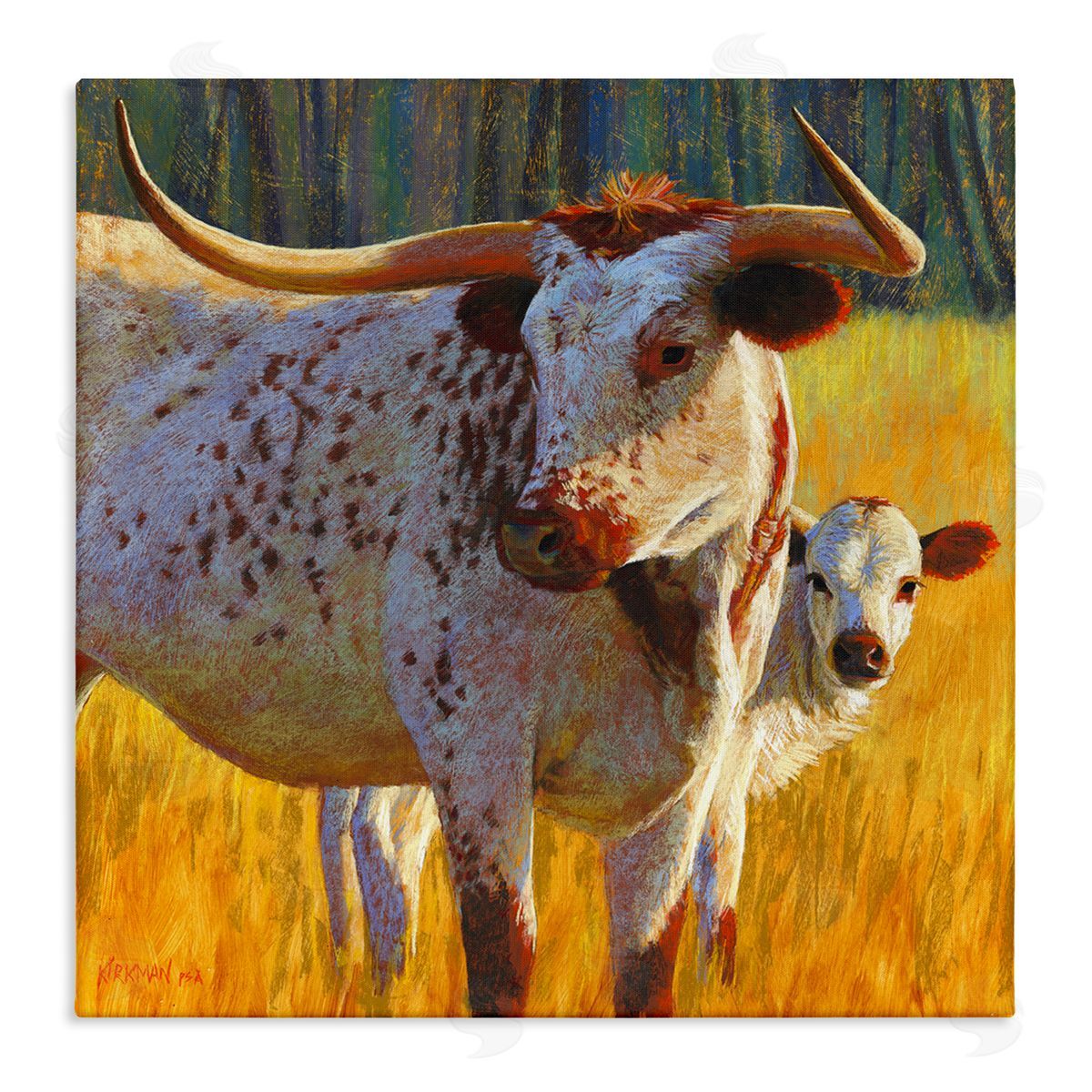 Rita Kirkman Longhorn Cow Calf Grassland Farm Stretched Canvas Wall Art Print