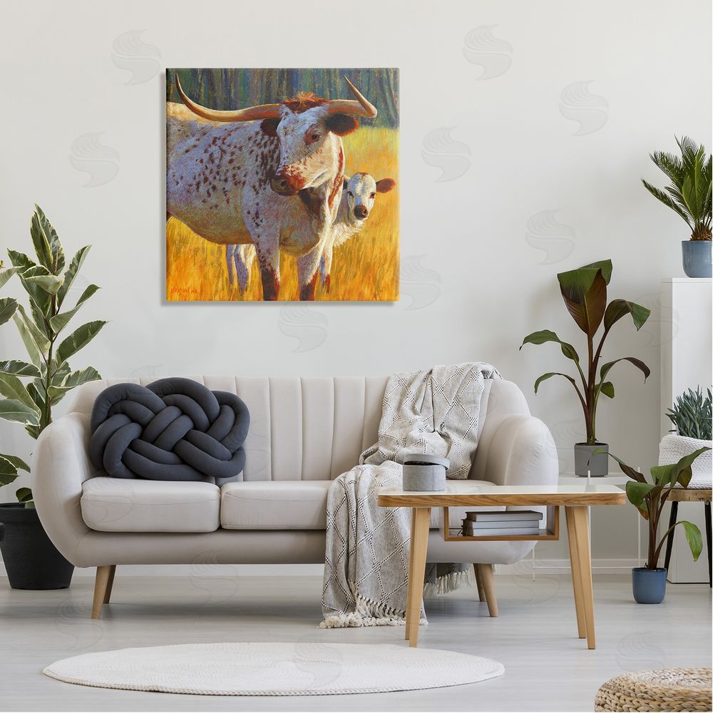 Rita Kirkman Longhorn Cow Calf Grassland Farm Canvas Wall Art in Room