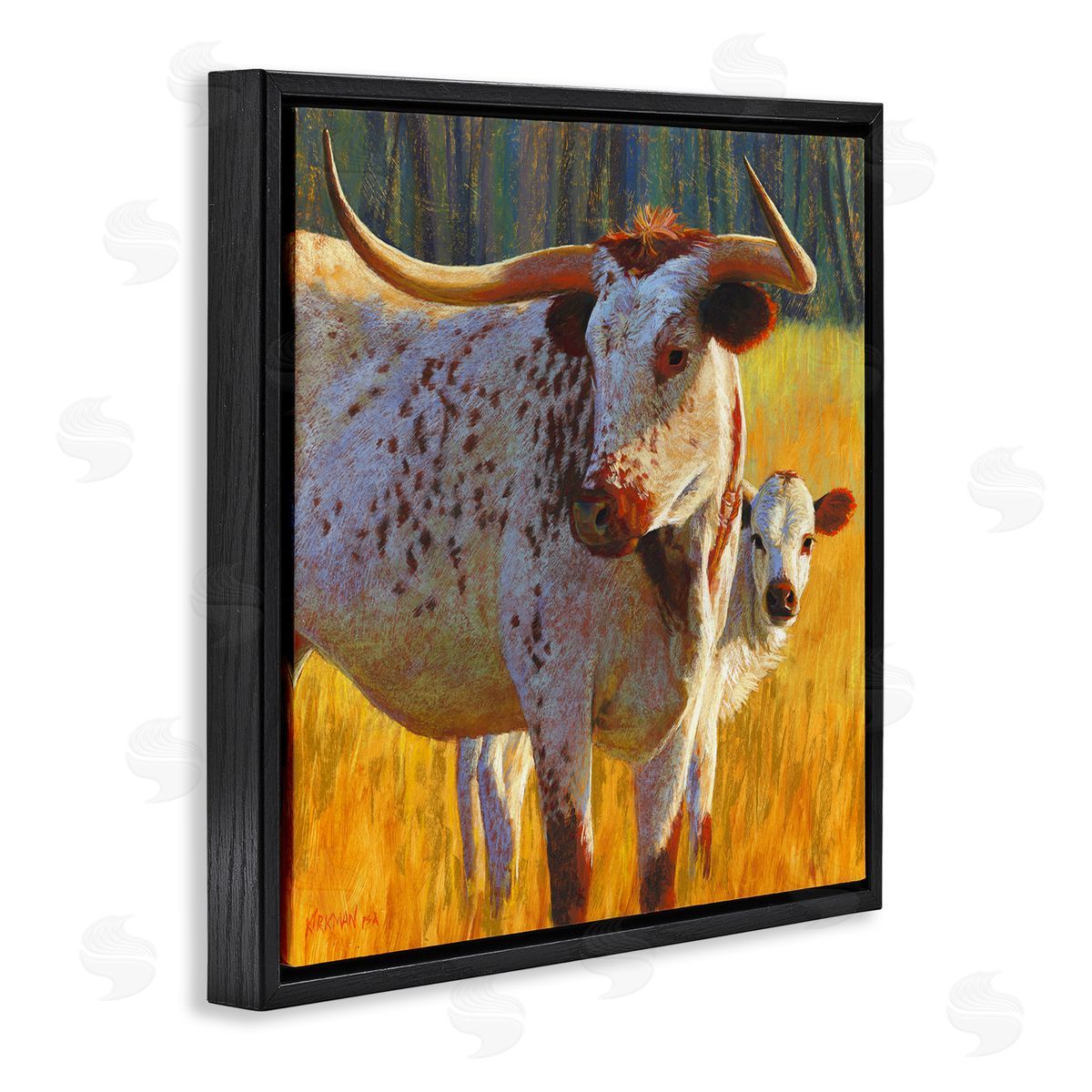 Rita Kirkman Longhorn Cow Calf Grassland Farm Black Floating Frame Canvas Wall Art Print