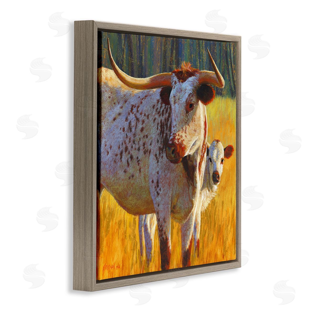 Rita Kirkman Longhorn Cow Calf Grassland Farm Brown Floating Frame Canvas Wall Art Print