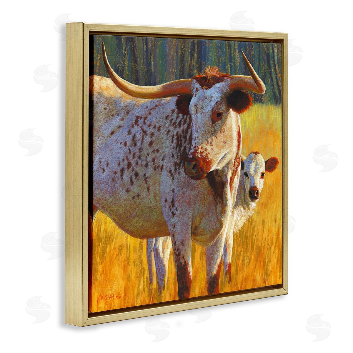 Rita Kirkman Longhorn Cow Calf Grassland Farm Gold Floating Frame Canvas Wall Art Print