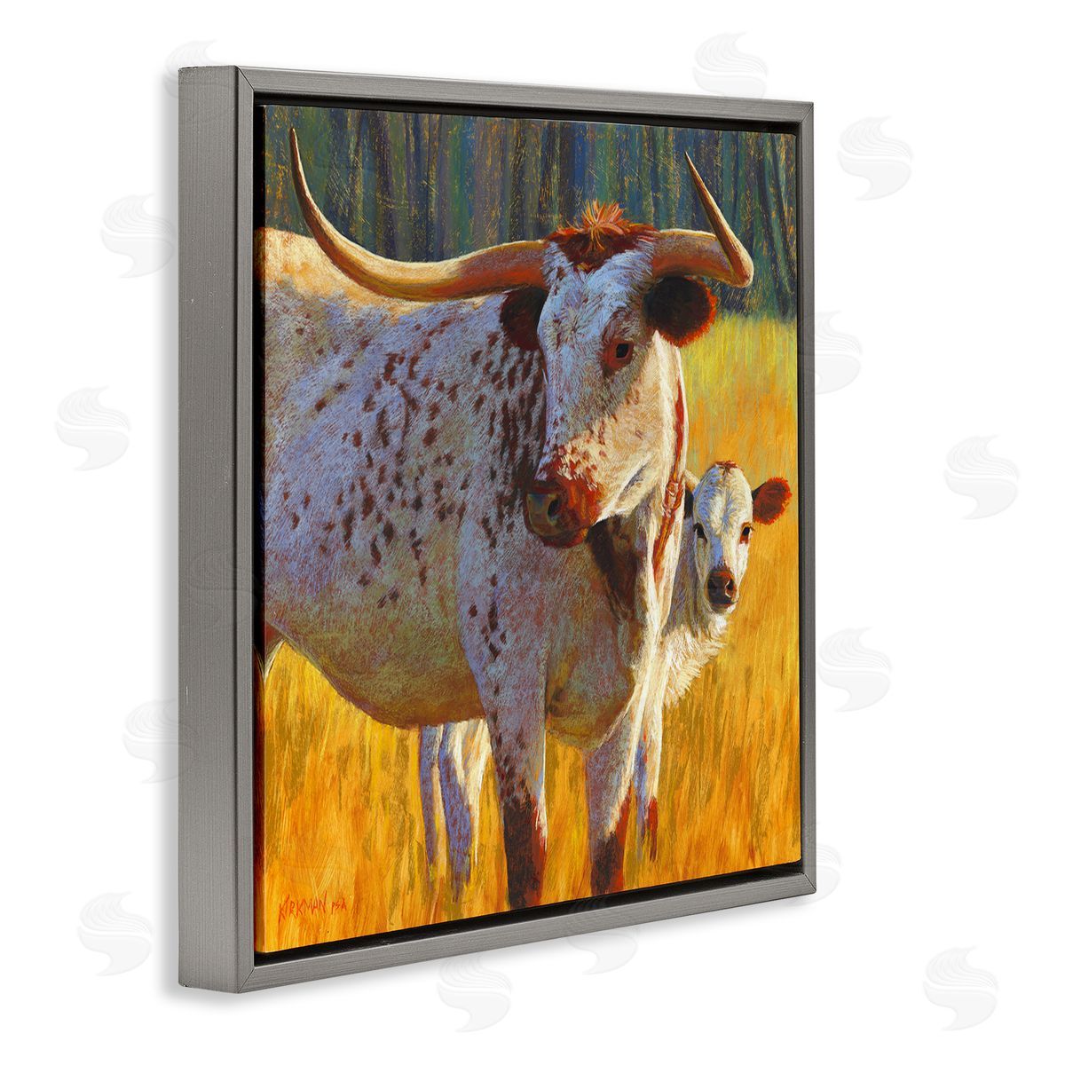 Rita Kirkman Longhorn Cow Calf Grassland Farm Gray Floating Frame Canvas Wall Art Print