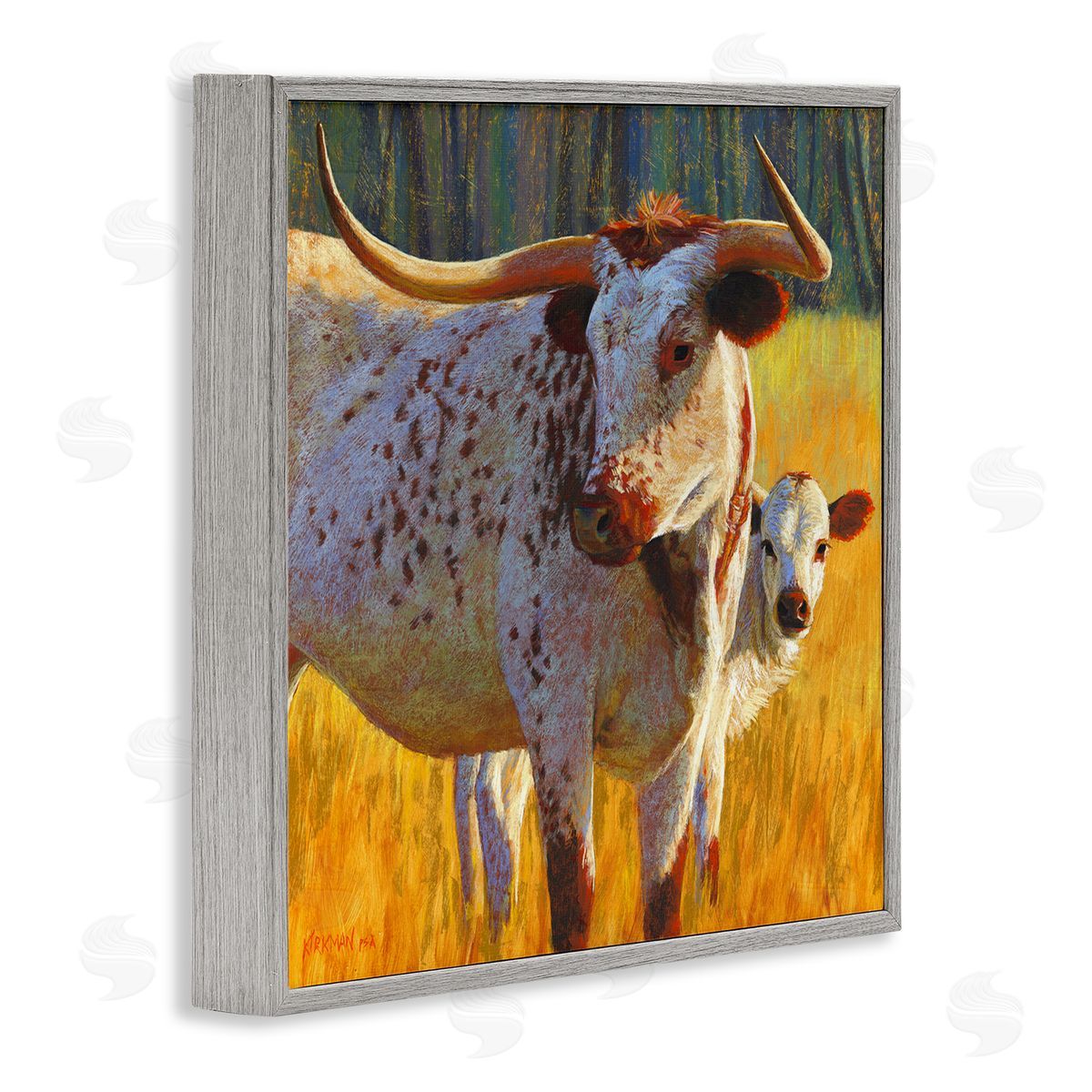 Rita Kirkman Longhorn Cow Calf Grassland Farm Gray Framed Glicee Wall Art Print