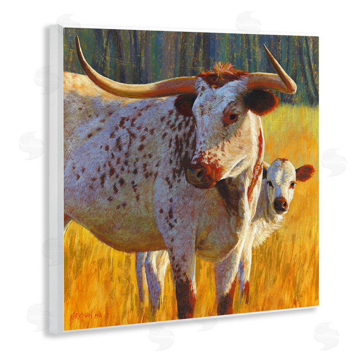Rita Kirkman Longhorn Cow Calf Grassland Farm Wooden Wall Plaque Art Print