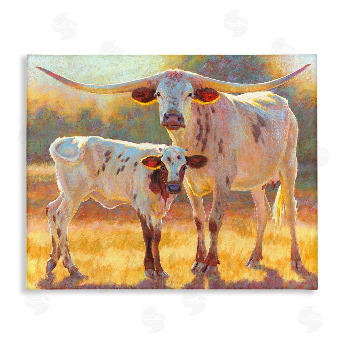 Rita Kirkman Longhorn & Calf Standing Farm Field