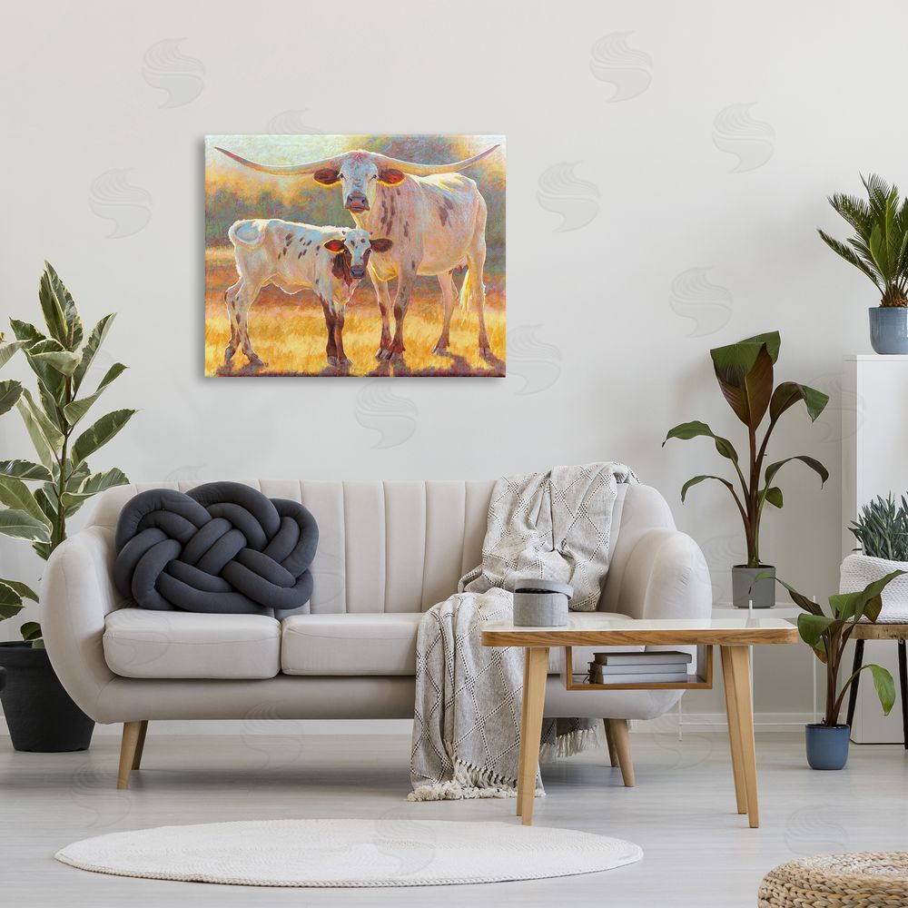 Rita Kirkman Longhorn & Calf Standing Farm Field