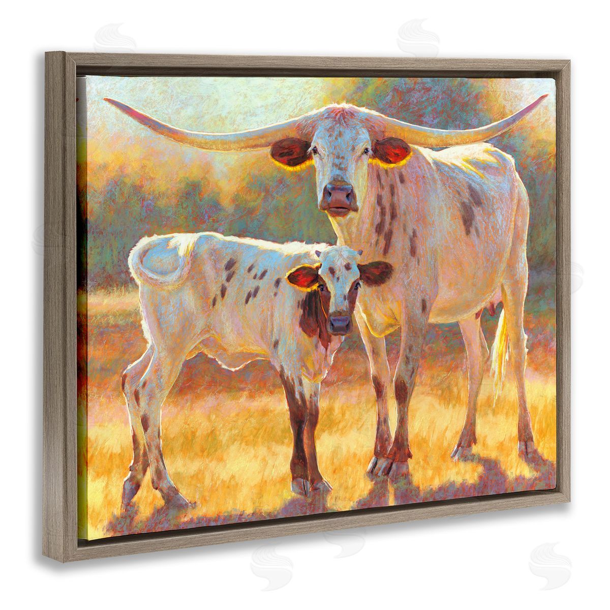 Rita Kirkman Longhorn & Calf Standing Farm Field
