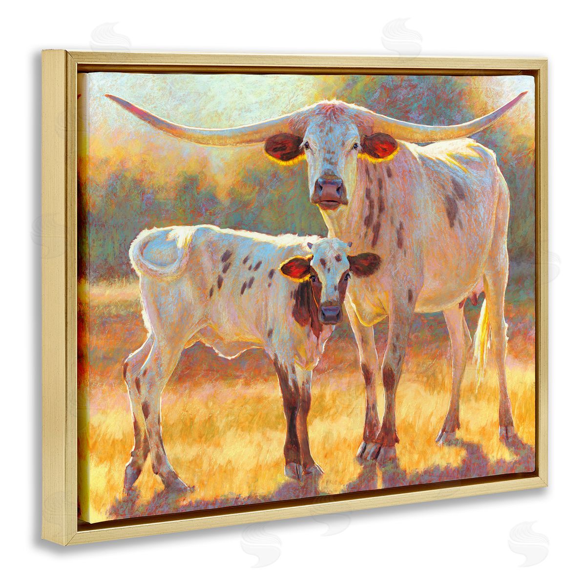 Rita Kirkman Longhorn & Calf Standing Farm Field
