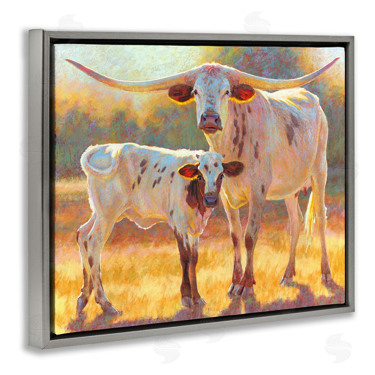 Rita Kirkman Longhorn & Calf Standing Farm Field