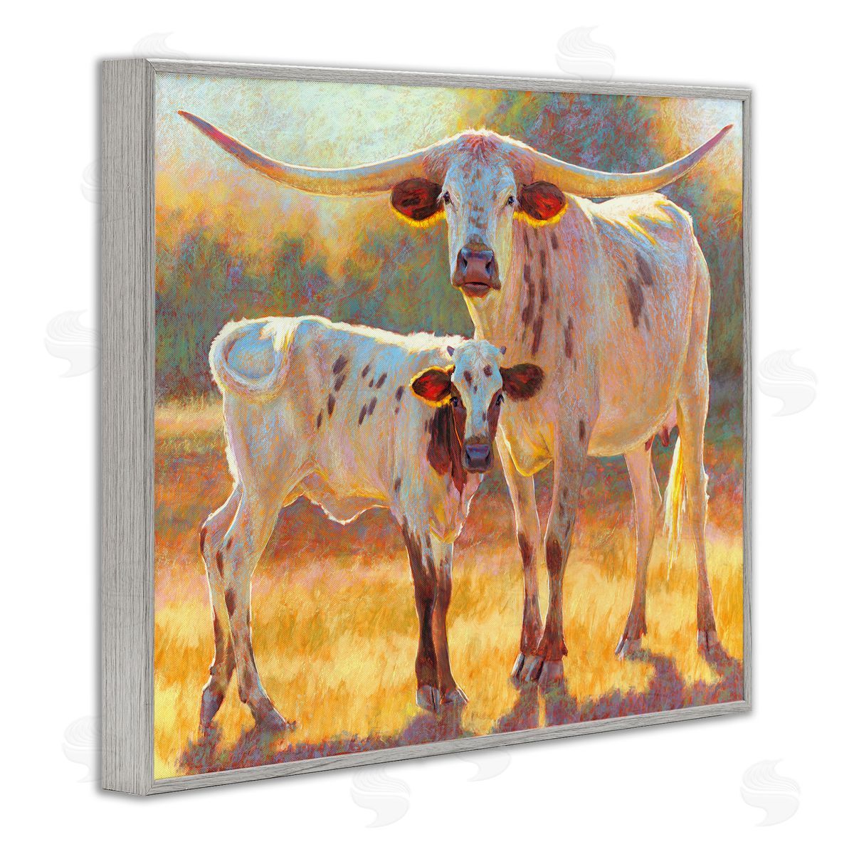 Rita Kirkman Longhorn & Calf Standing Farm Field