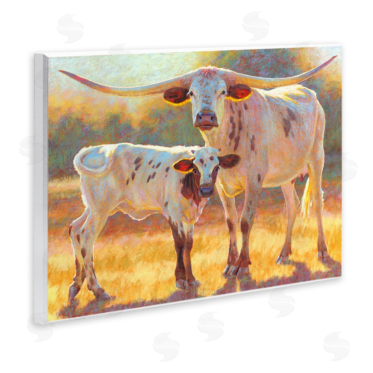 Rita Kirkman Longhorn & Calf Standing Farm Field