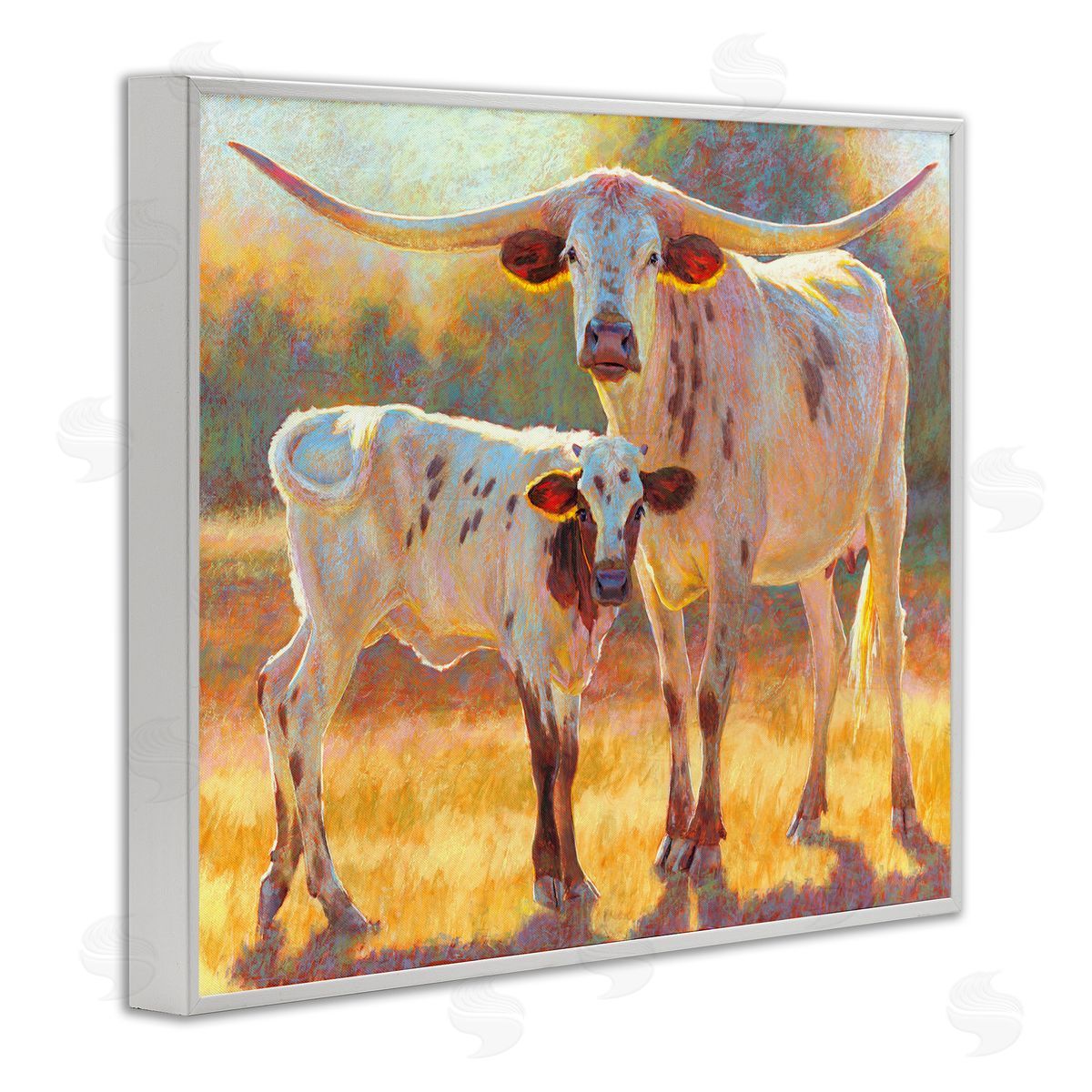 Rita Kirkman Longhorn & Calf Standing Farm Field