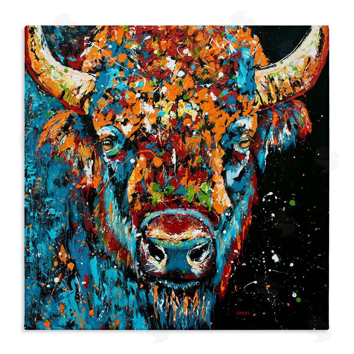 Modern Bison with Paint Splatter Canvas Wall Art, Home Decor by Jen Seeley