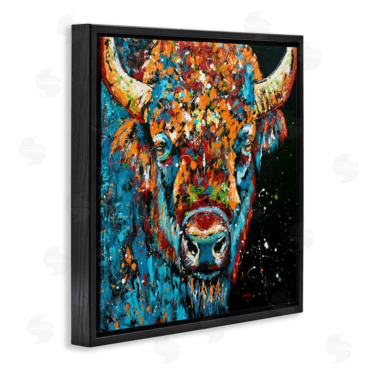 Modern Bison with Paint Splatter Black Floating Frame Canvas Wall Art, Home Decor by Jen Seeley