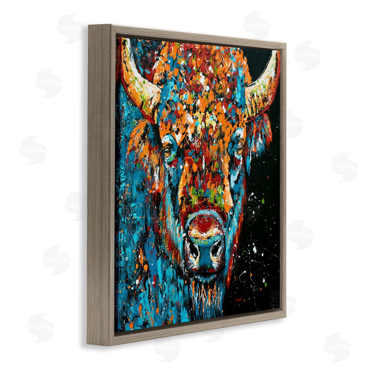 Modern Bison with Paint Splatter Brown Floating Frame Canvas Wall Art, Home Decor by Jen Seeley
