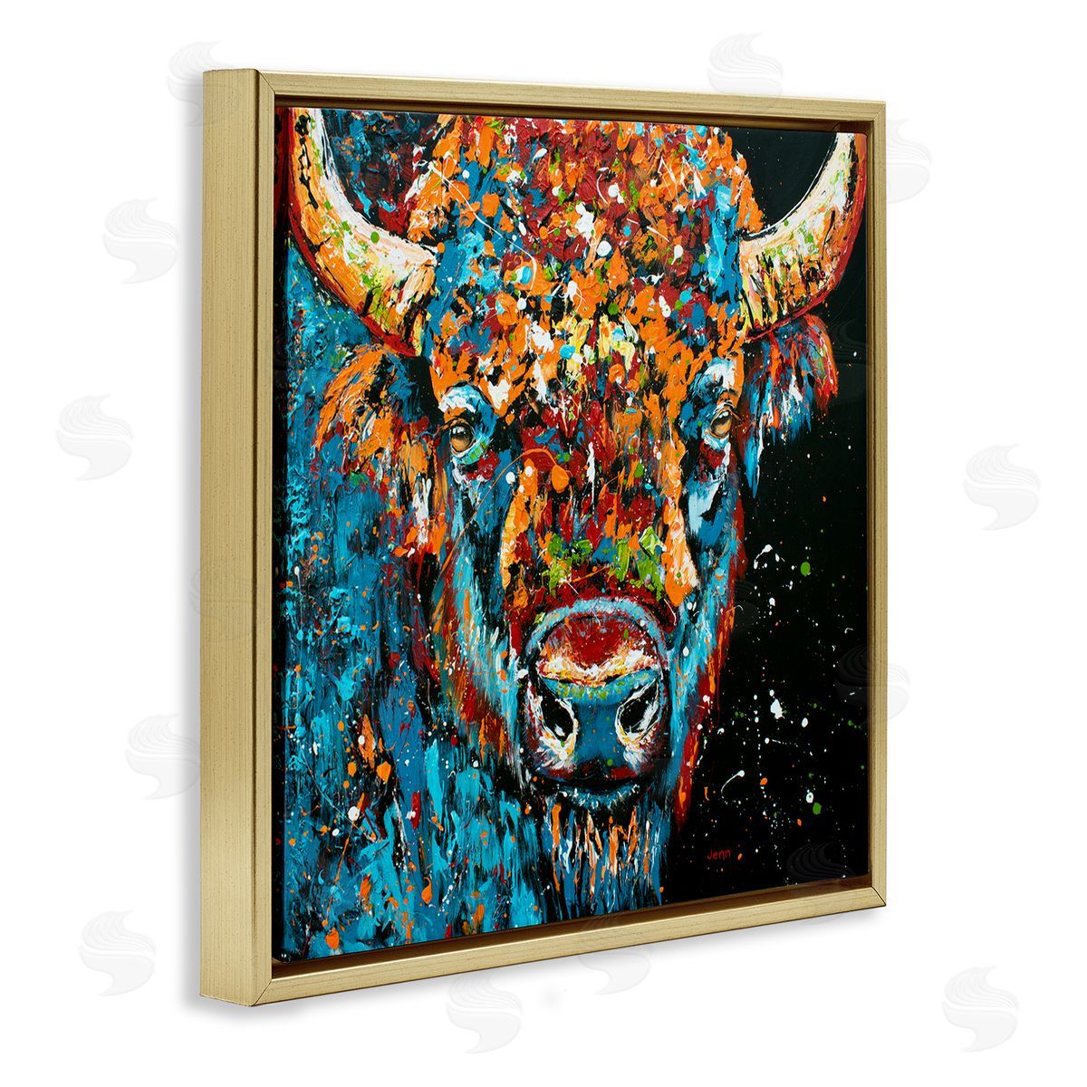 Modern Bison with Paint Splatter Gold Floating Frame Canvas Wall Art, Home Decor by Jen Seeley