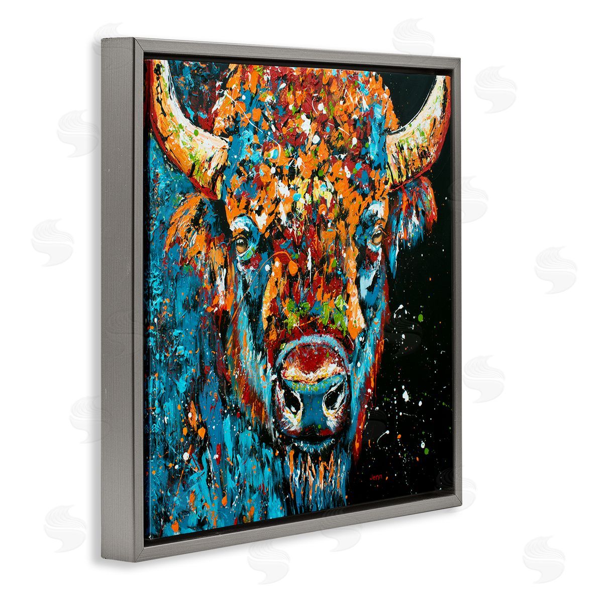 Modern Bison with Paint Splatter Grey Floating Frame Canvas Wall Art, Home Decor by Jen Seeley