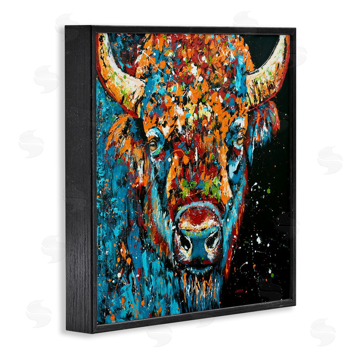 Modern Bison with Paint Splatter Black Frame Print Wall Art, Home Decor by Jen Seeley