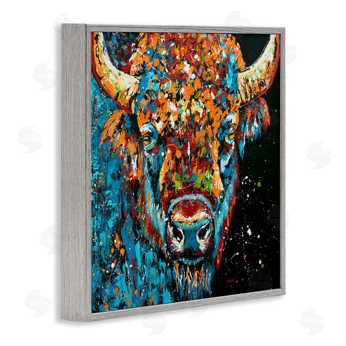 Modern Bison with Paint Splatter Grey Frame Print Wall Art, Home Decor by Jen Seeley