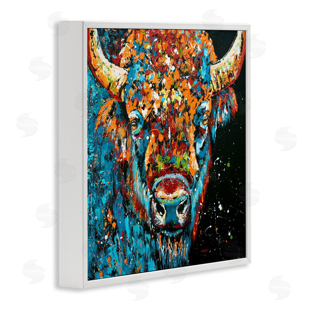 Modern Bison with Paint Splatter White Frame Print Wall Art, Home Decor by Jen Seeley