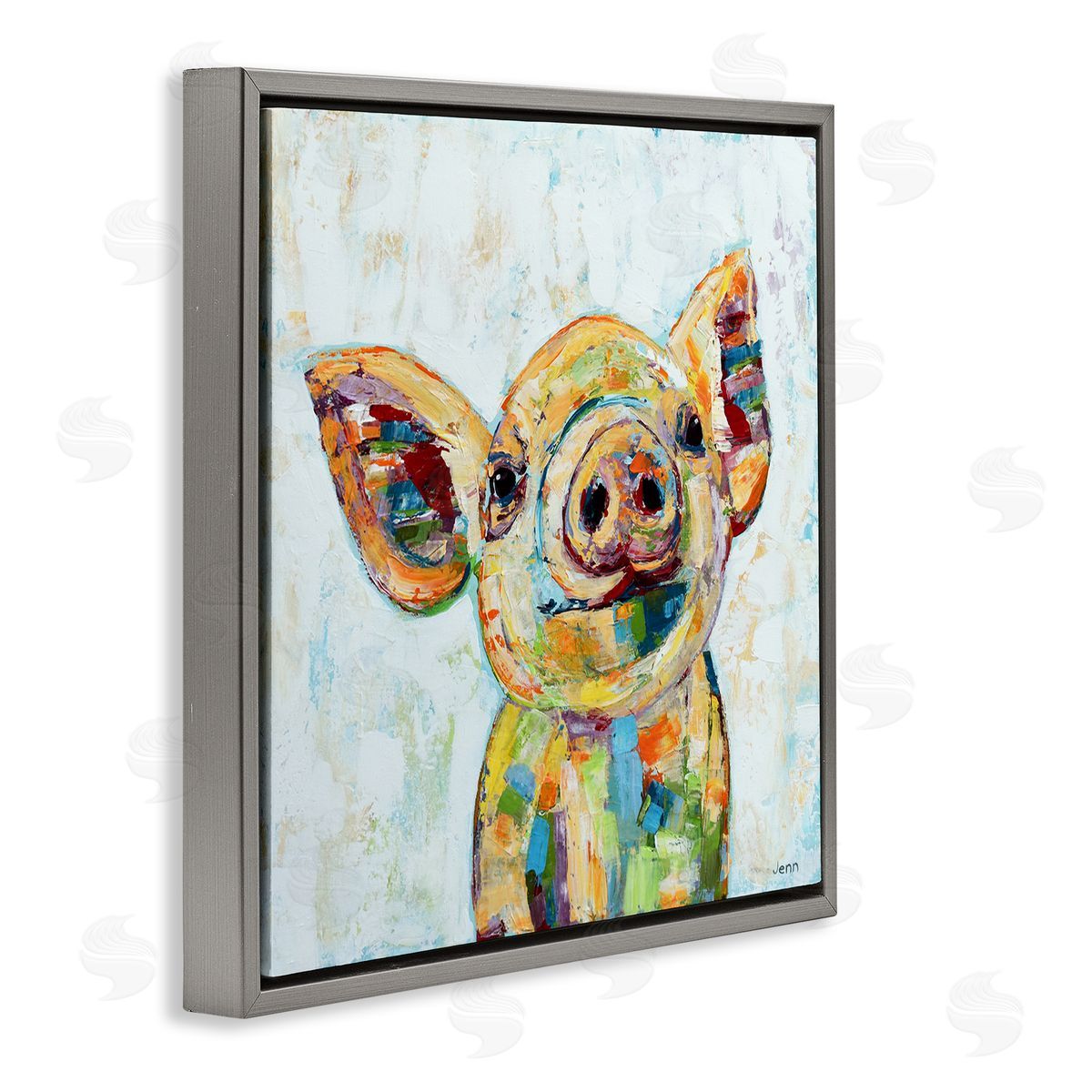 Jen Seeley Happy Farm Pig Modern Composition Gray Floating Frame Canvas Wall Art Print