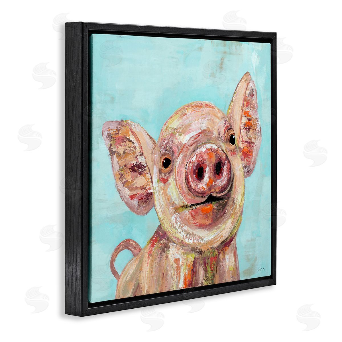 Jen Seeley Smiling Pig Farm Animal Black Floating Frame Canvas Wall Art Print