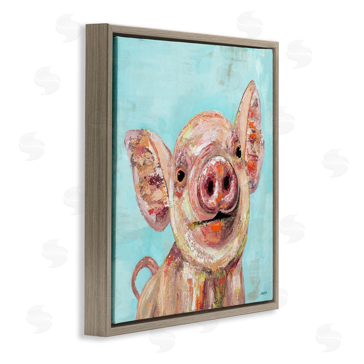 Jen Seeley Smiling Pig Farm Animal Brown Floating Frame Canvas Wall Art Print