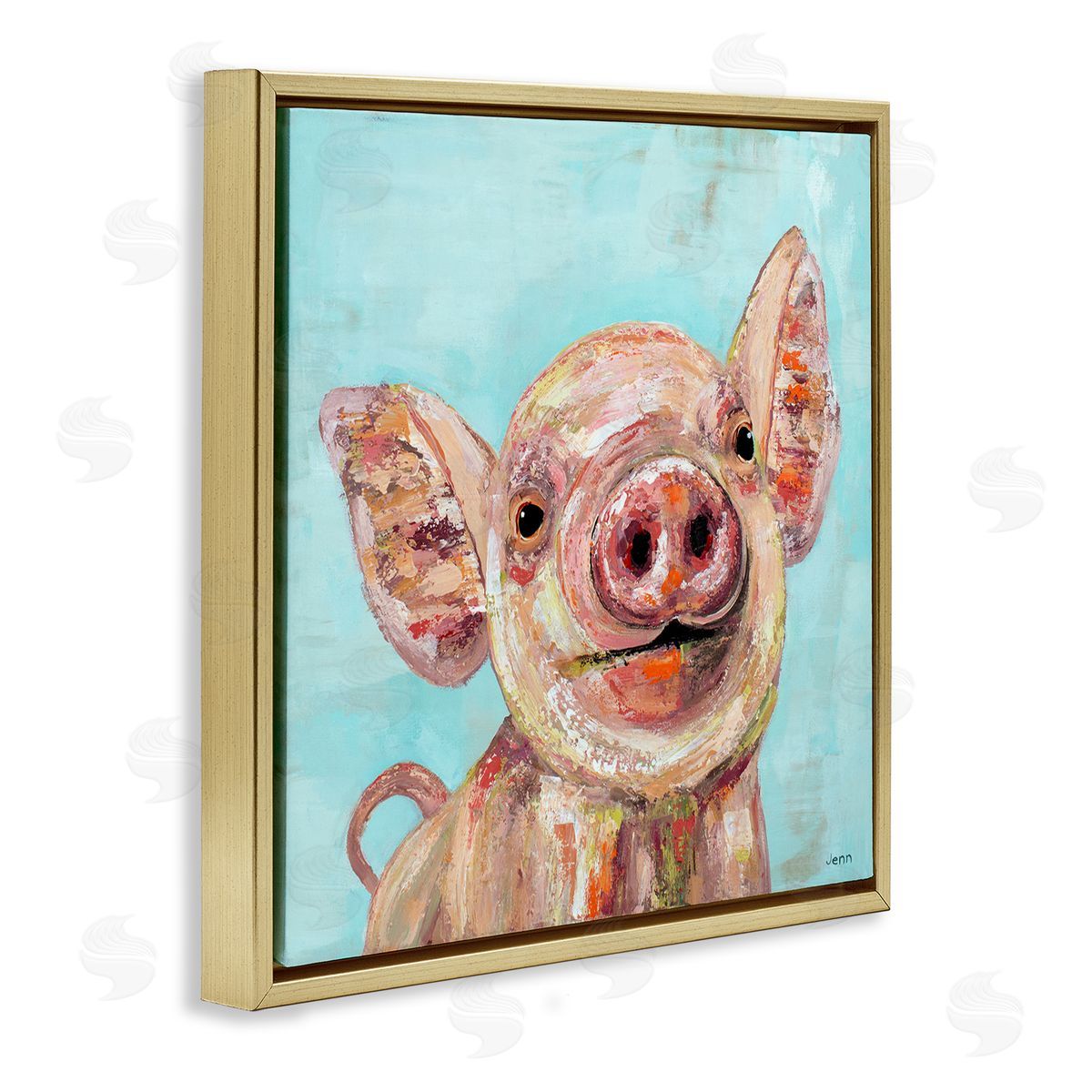 Jen Seeley Smiling Pig Farm Animal Gold Floating Frame Canvas Wall Art Print
