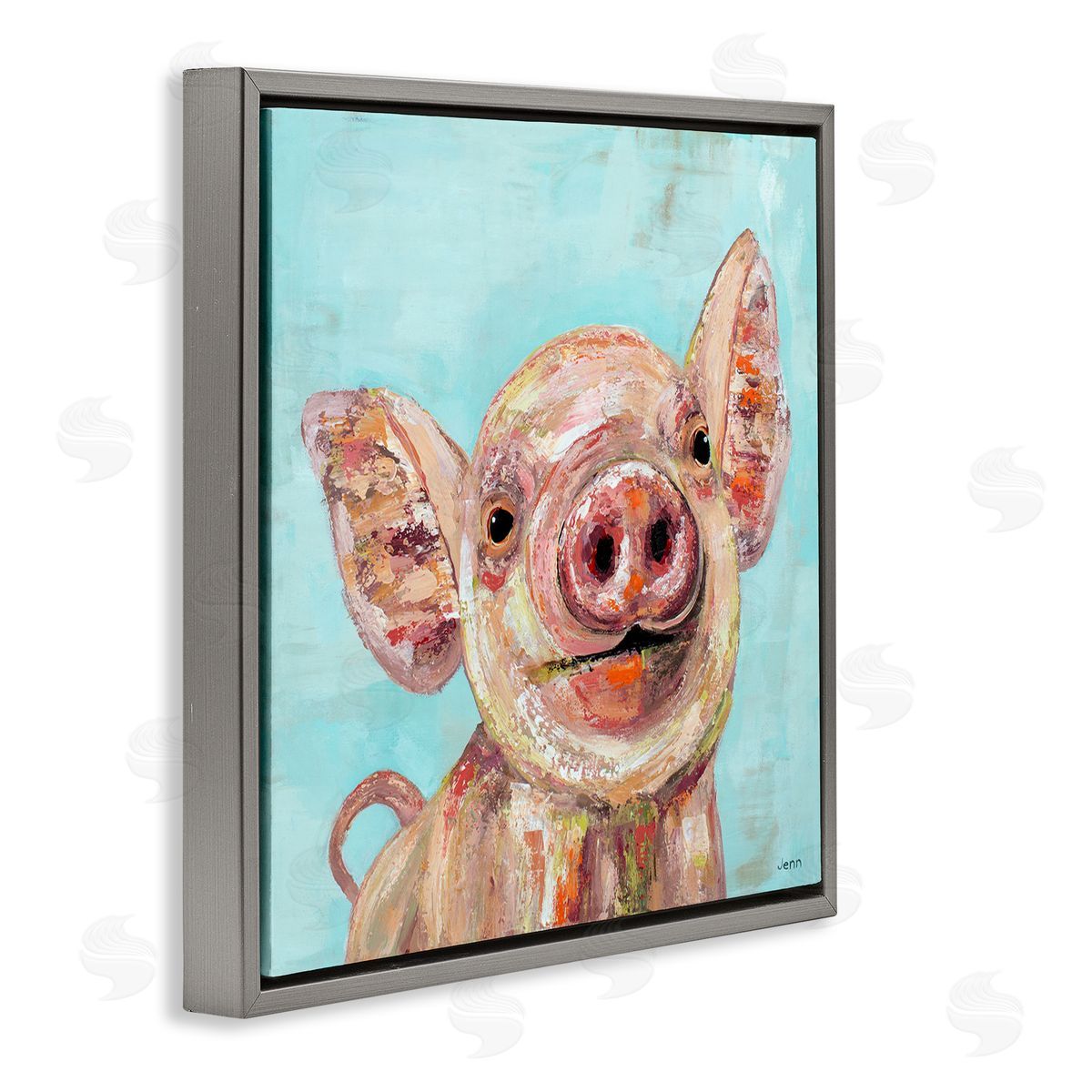 Jen Seeley Smiling Pig Farm Animal Gray Floating Frame Canvas Wall Art Print